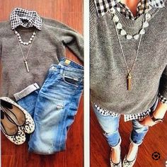 This is the most adorable outfit!! Grey crew neck sweater with black and white buffalo check shirt. Paired with distressed jeans and those cute leopard print ballet flats!! Perfect!! See other outfit ideas for women over 40 #ootd #outfitideas #falloutfits #weekendlooks This is the most adorable outfit!! Grey crew neck sweater with black and white buffalo check shirt. Paired with distressed jeans and those cute leopard print ballet flats!! Perfect!! See other outfit ideas for women over 40 #ootd #outfitideas #falloutfits #weekendlooks