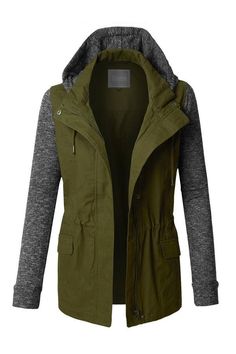 This Layered Military Jacket will keep you stylish and warm during cooler weather! This jacket features lightweight material and a detachable fleece hoodie. This jacket runs small so if you are between sizes, sizing up is recommended. 65% Cotton 35% Polyester / Shell: 100% Cotton