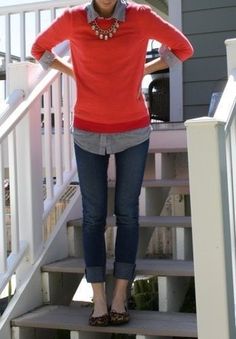 chambray shirt, red sweater, skinny jeans, leopard flats and pearls // this looks kills it and i still haven't gotten there yet. looking for the right red sweater.